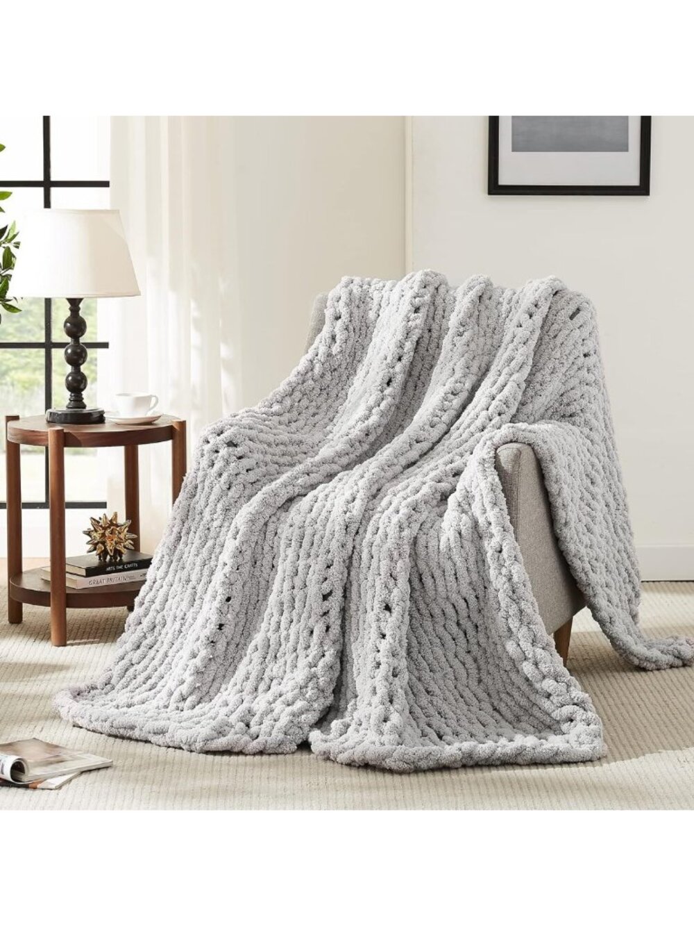 Cozy Chunky Knit Throw Blanket for Couch, 72"x84", Soft Grey Home Decor